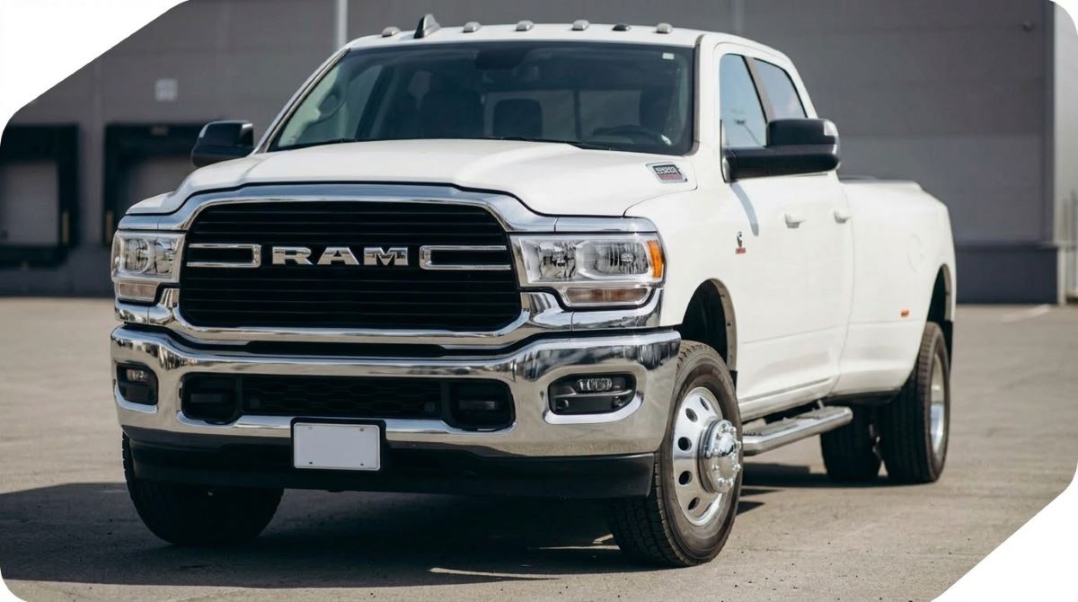 White Ram dually pickup parked, front three-quarter view