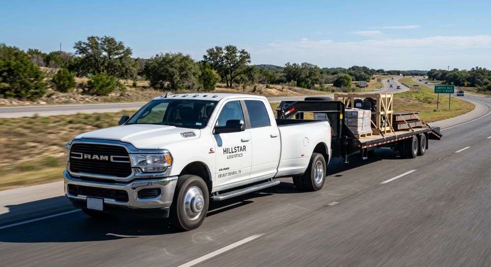 Hill Star Logistics truck and gooseneck trailer on a Central Texas highway